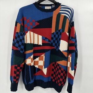 Norm Thompson‎ Geometric Multi Color Knit Chunky Sweater Mens L Unique Vintage